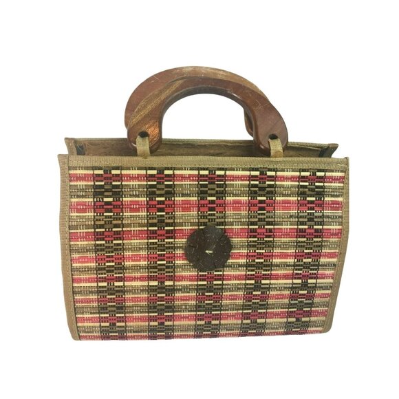 Mid Century Modern Handmade Purse Woven Straw Wood u Lined Wood Handle MCM u - Picture 8 of 11